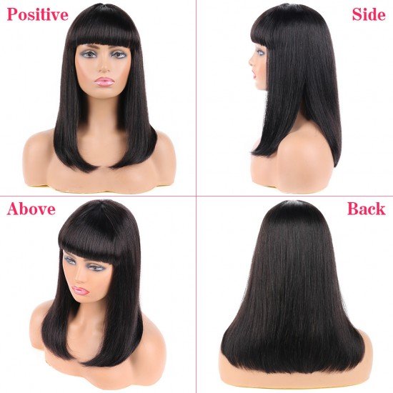 Bob Wigs with Bangs Brazilian Virgin Straight Human Hair Wig 130% Density Glueless Machine Made Wigs for Women Natural Color